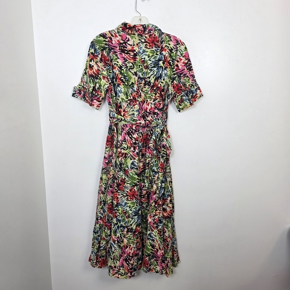 JG Hook Multicolor Artsy 100% Linen Faux Wrap Beatiful Vacation Midi Dress Sz 6 - Picture 2 of 9